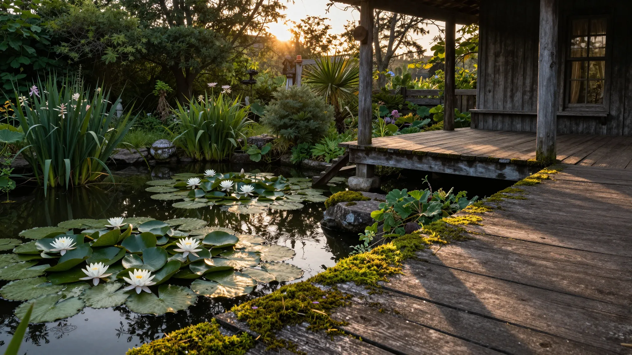 A nostalgic, overgrown garden at sunset, a quiet pond with w...
