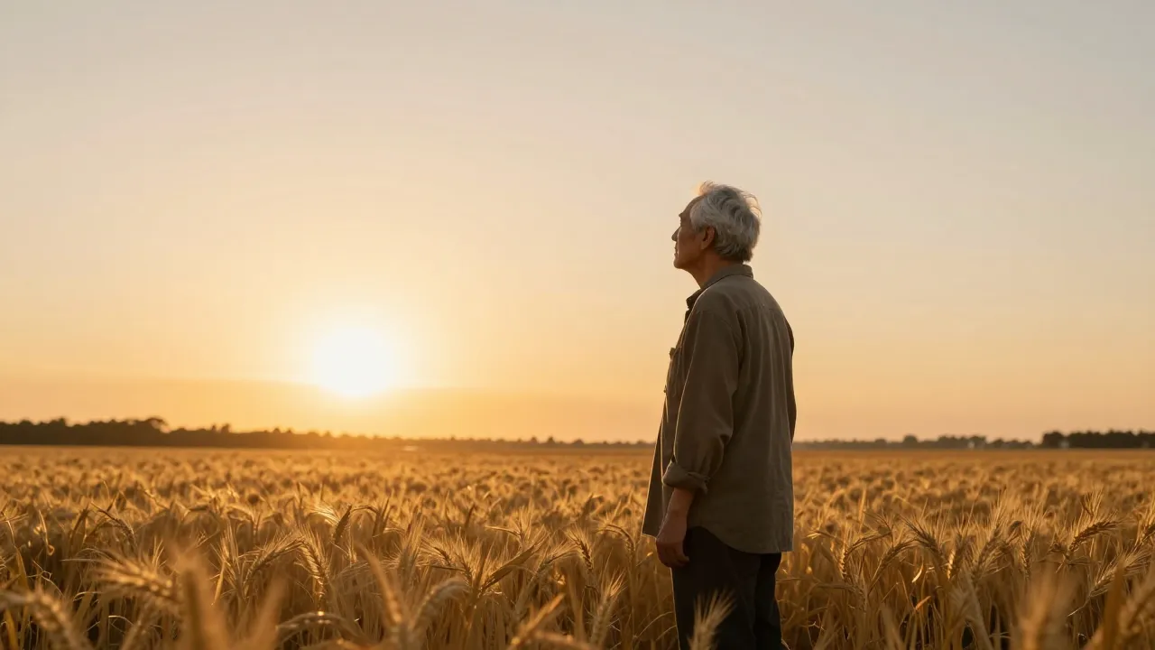 A peaceful landscape at sunset with a golden field, symboliz...