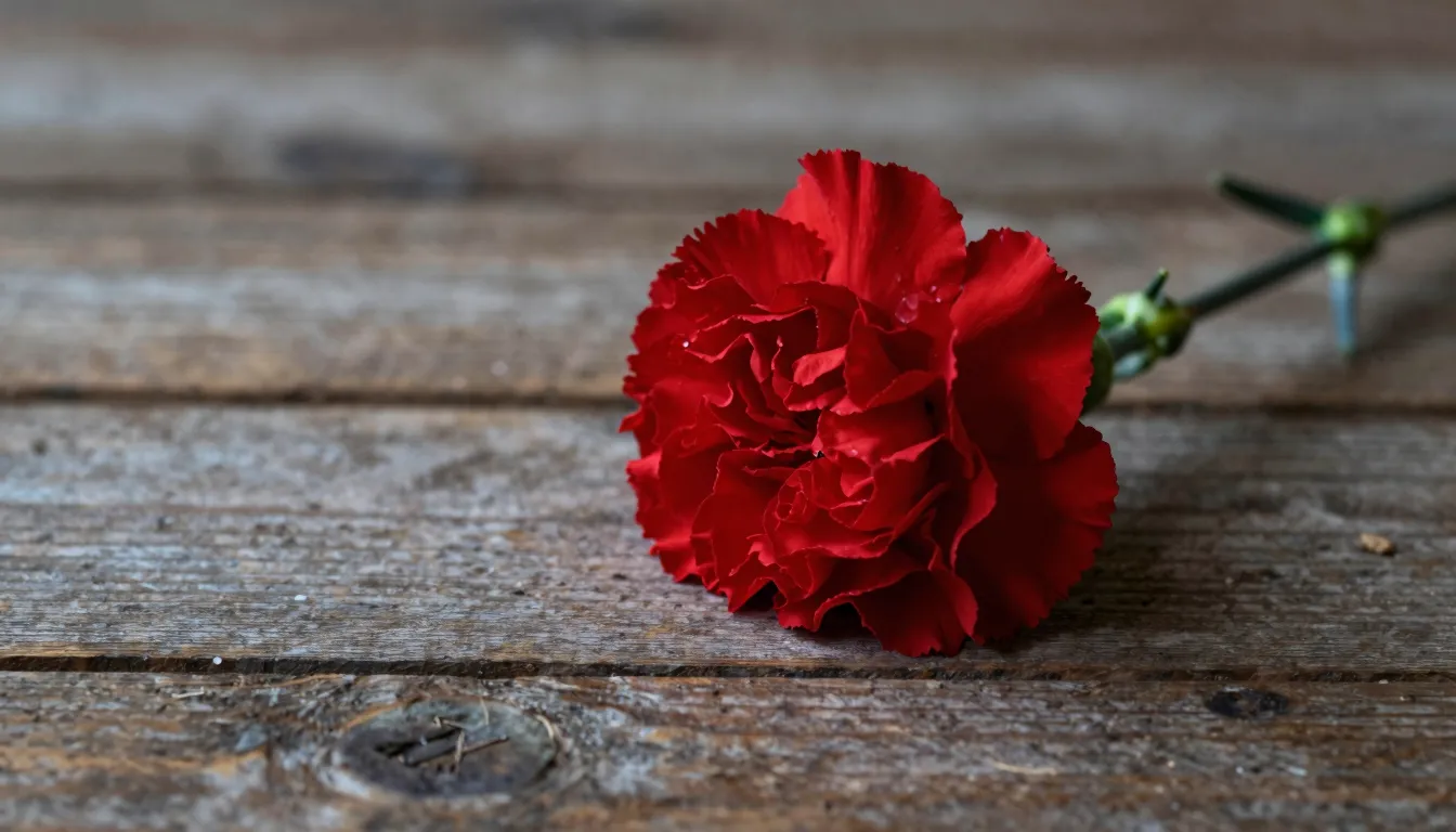 A single red carnation lying on a rustic wooden surface, sof...