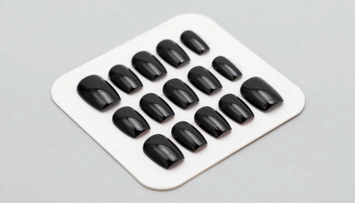 Top view of 16 solid black glossy nail polish strips on a pr...