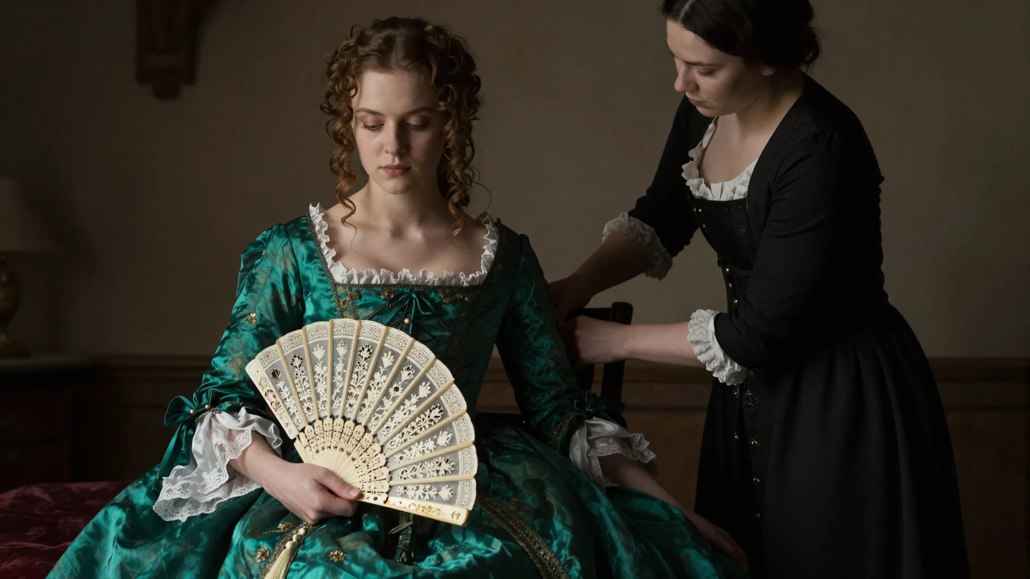 A young woman in a luxurious 17th-century emerald silk dress...