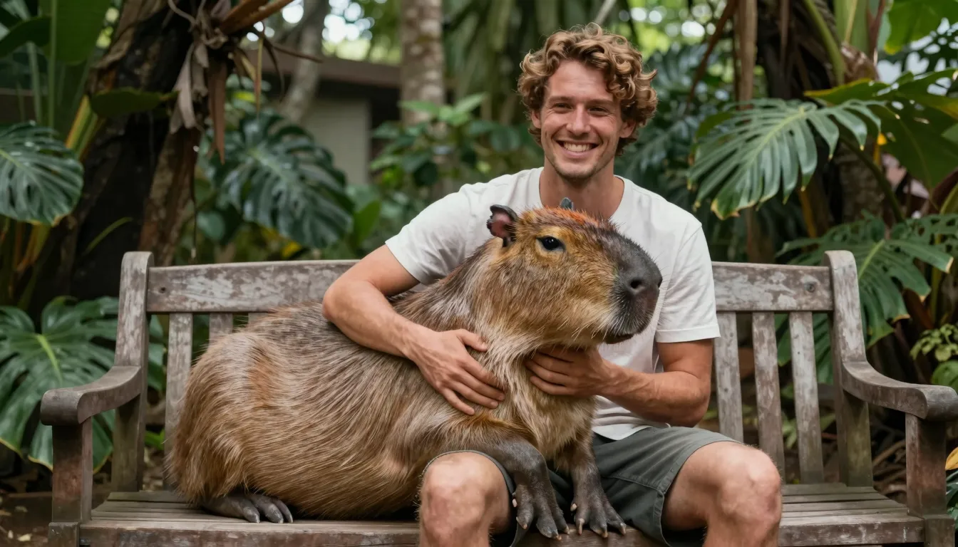 A happy man sitting on a wooden bench and holding a giant ca...