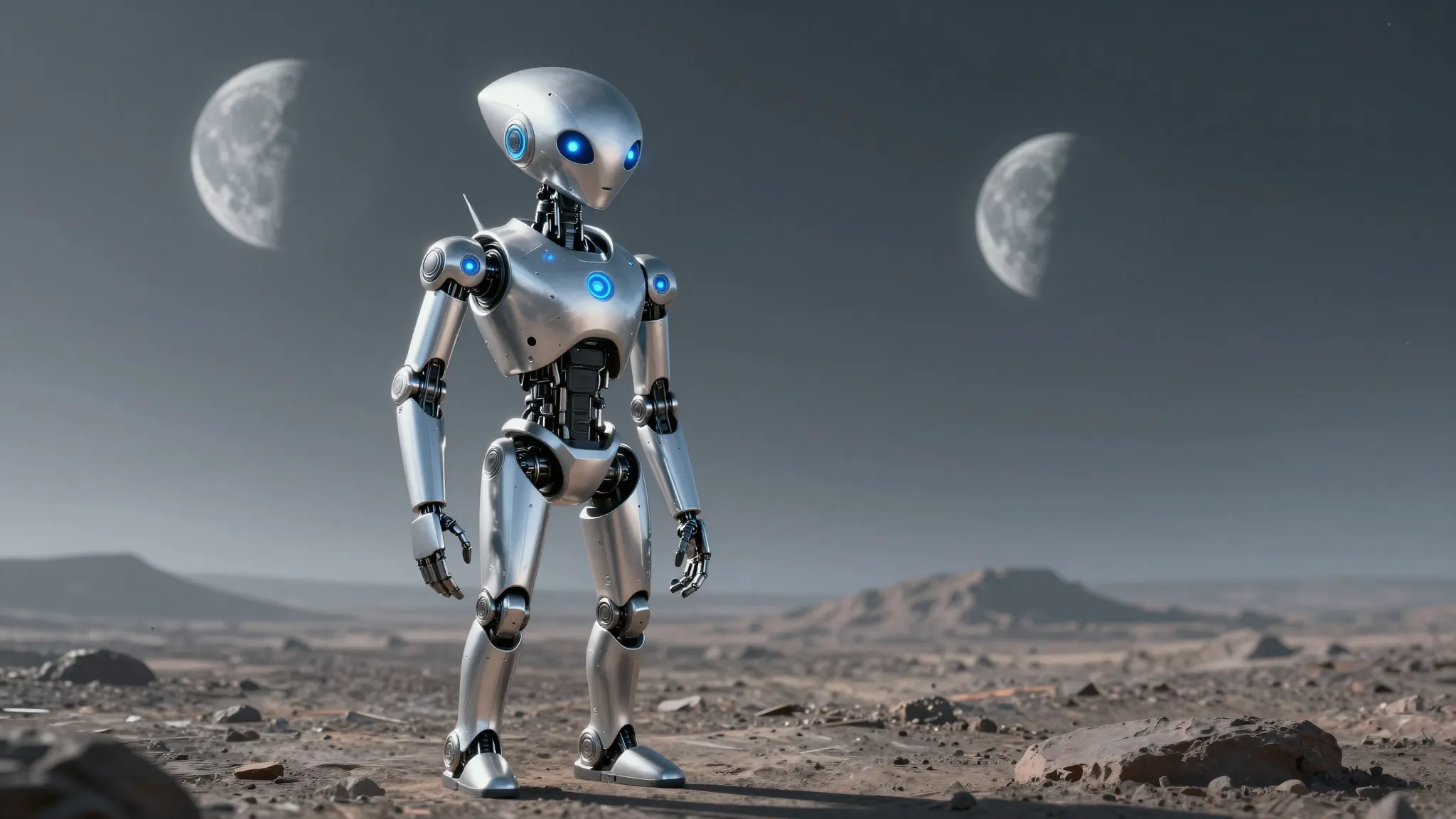 Sleek silver extraterrestrial robot standing on a desolate a...