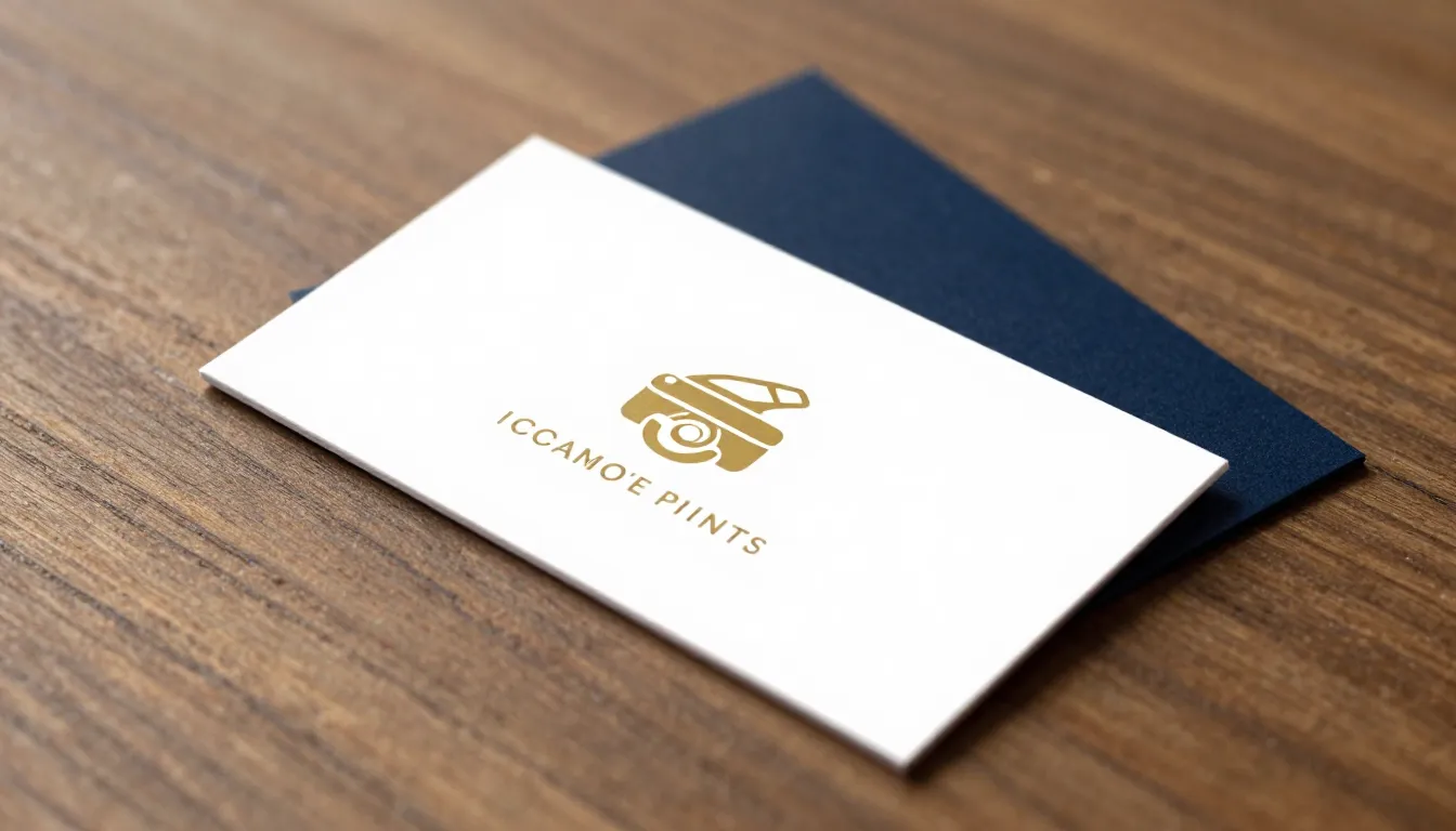 A professional business card mockup on a wooden table. The c...