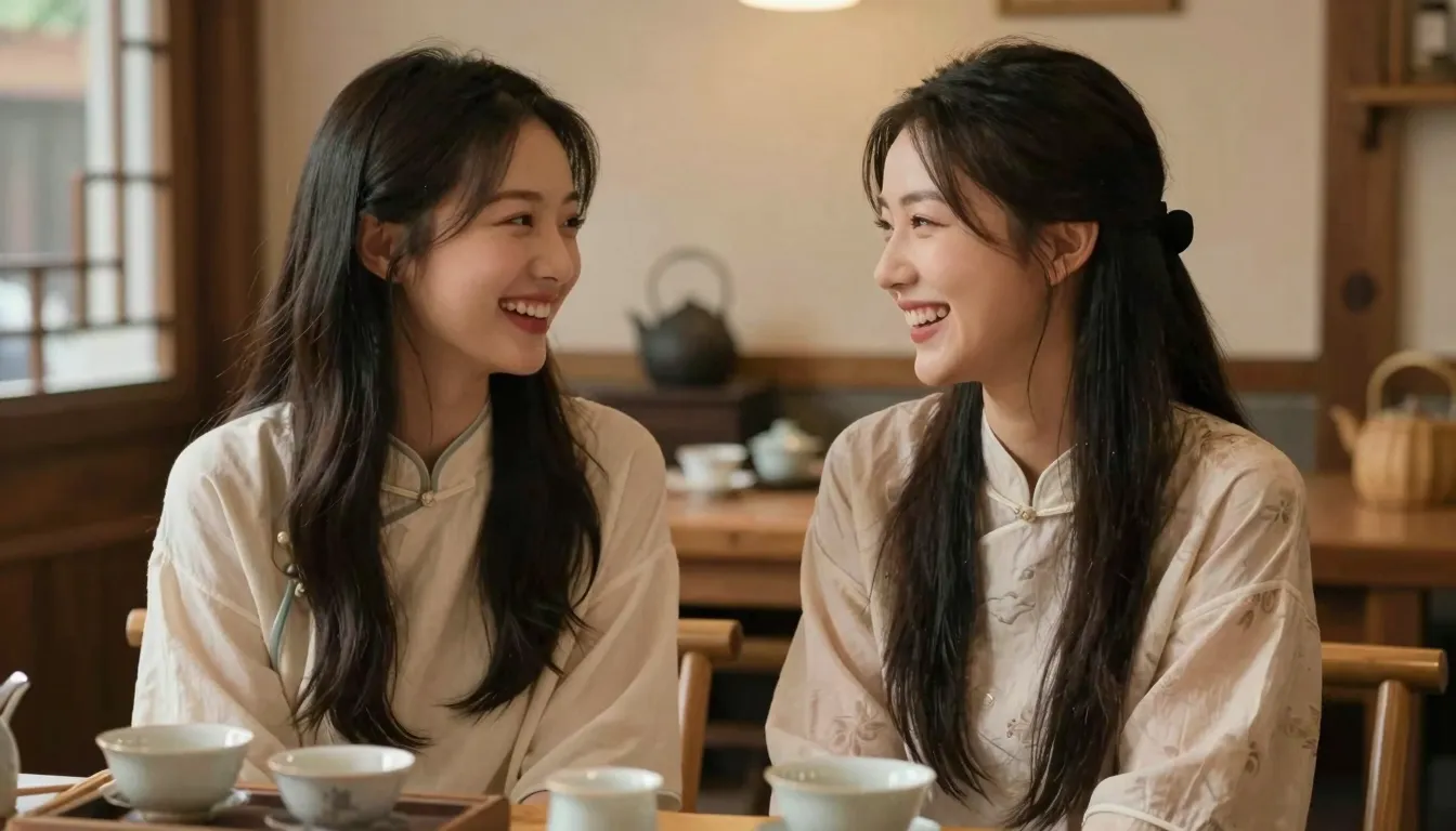 Two beautiful young Chinese women, best friends, laughing to...