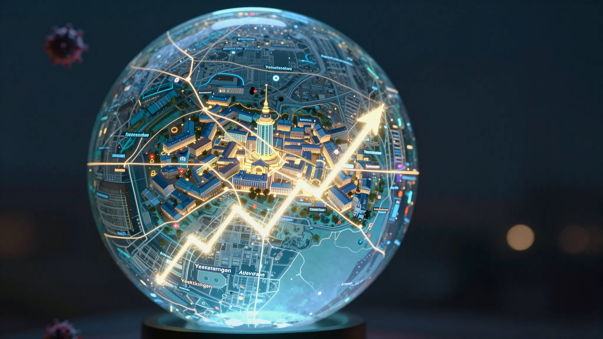 A magical crystal ball showing a glowing map of Yekaterinbur...