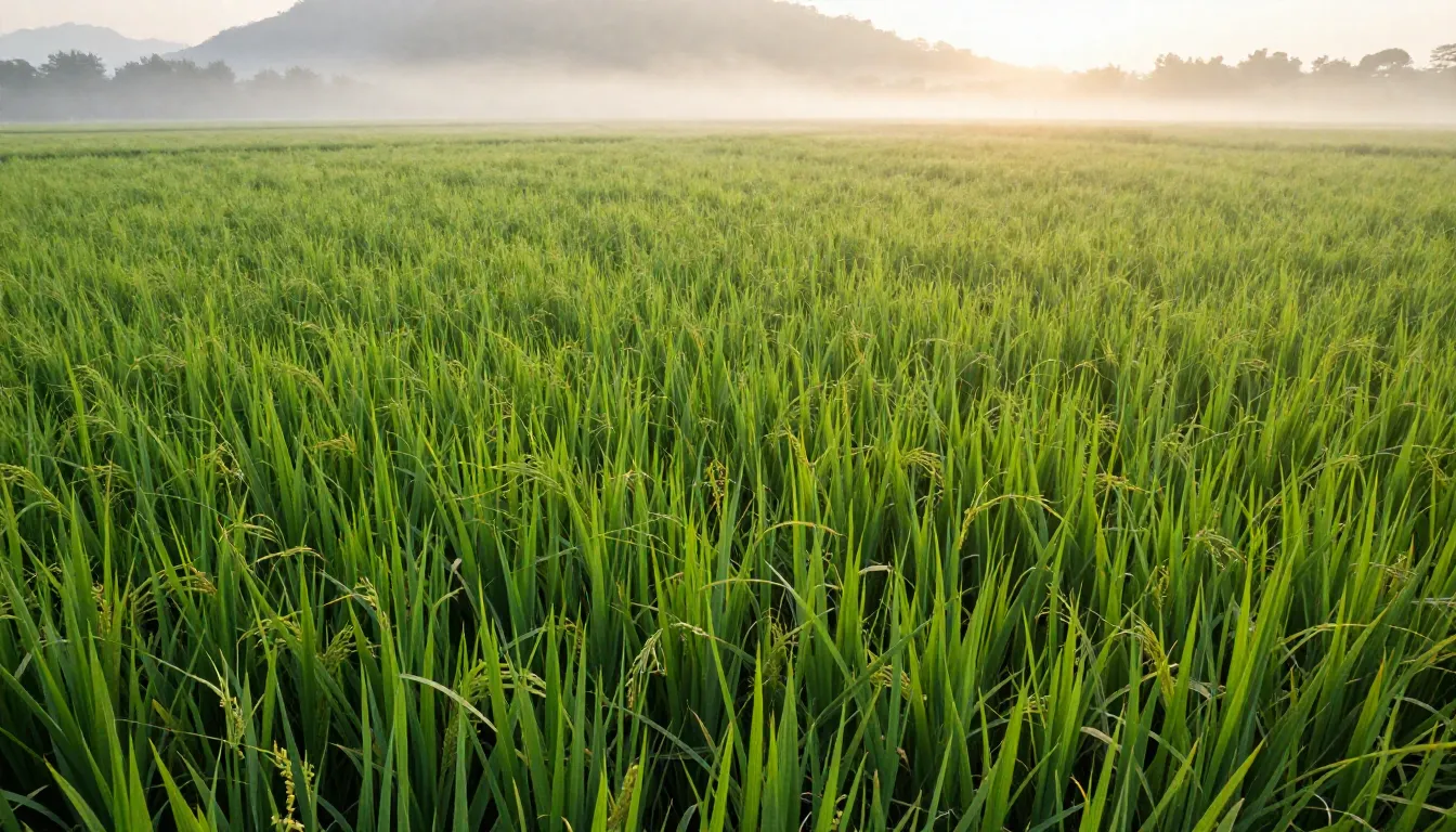 A wide-angle landscape of a lush green rice field at sunrise...