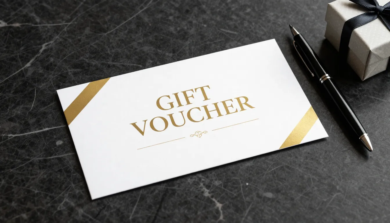 A high-quality mockup of a gift certificate on a dark marble...