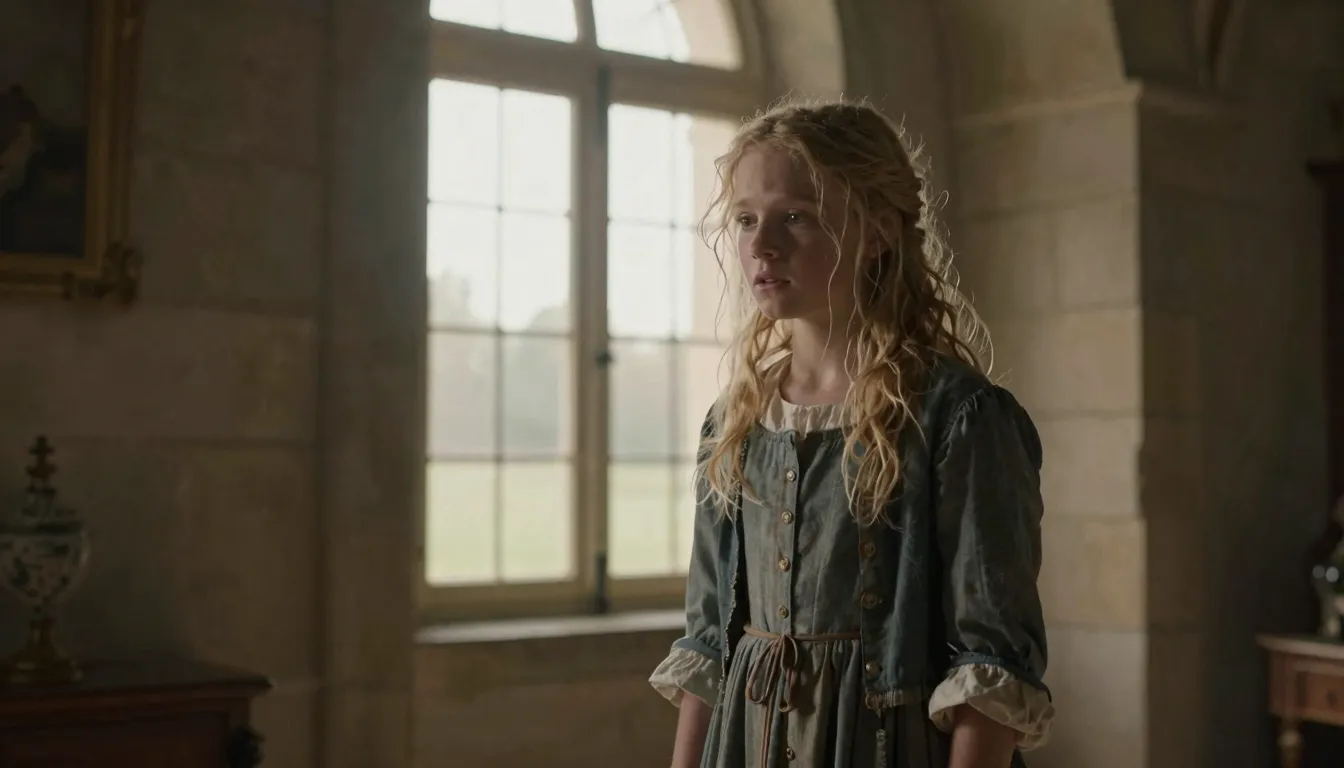 17th century French castle interior at dawn, a young peasant...