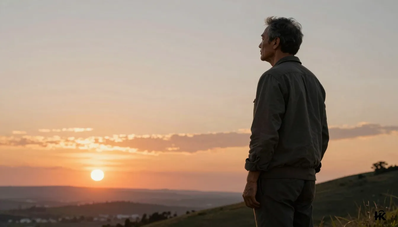 A middle-aged man standing on a hill looking at a beautiful ...