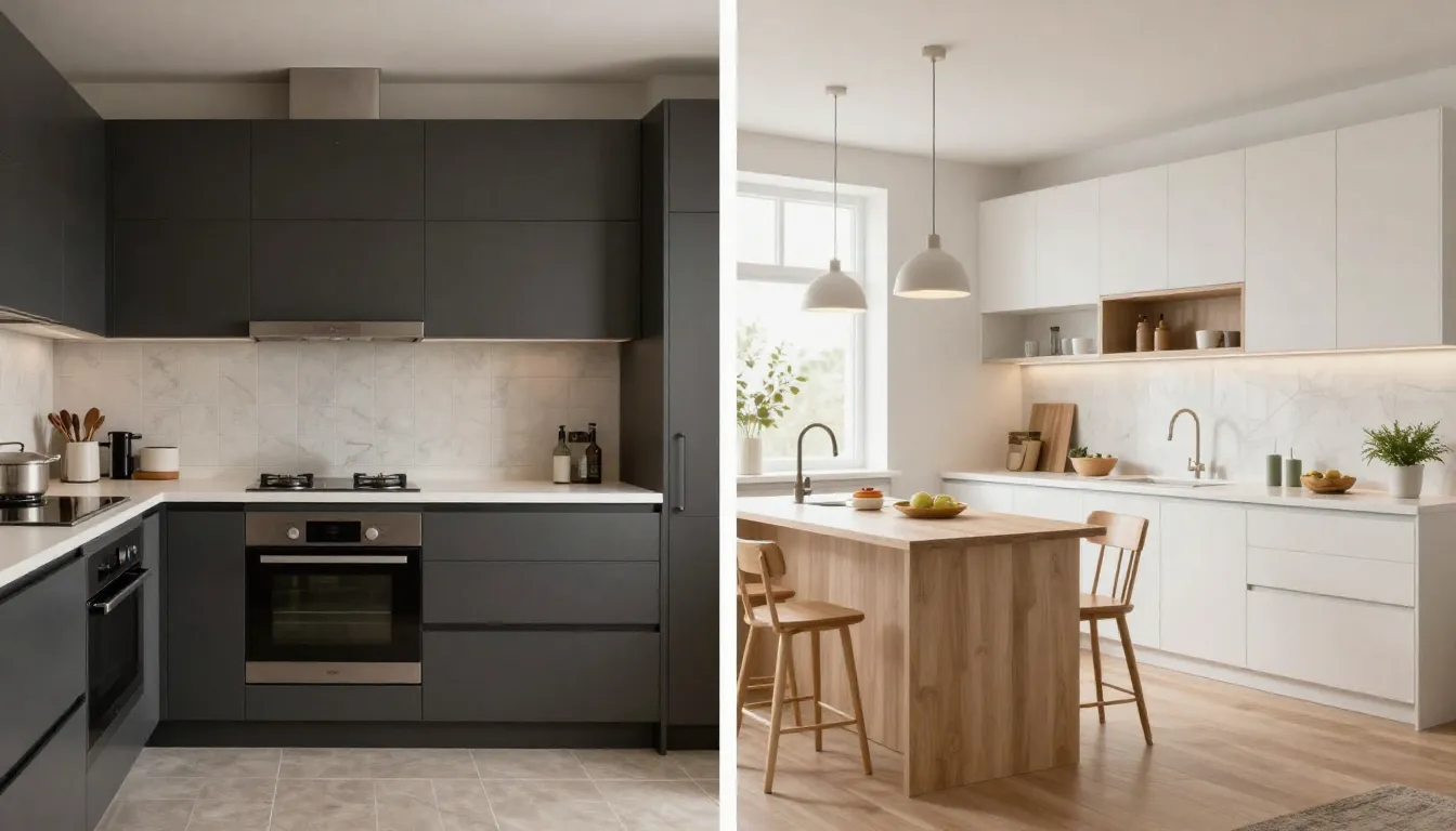 Before and after renovation of a kitchen, side by side compa...