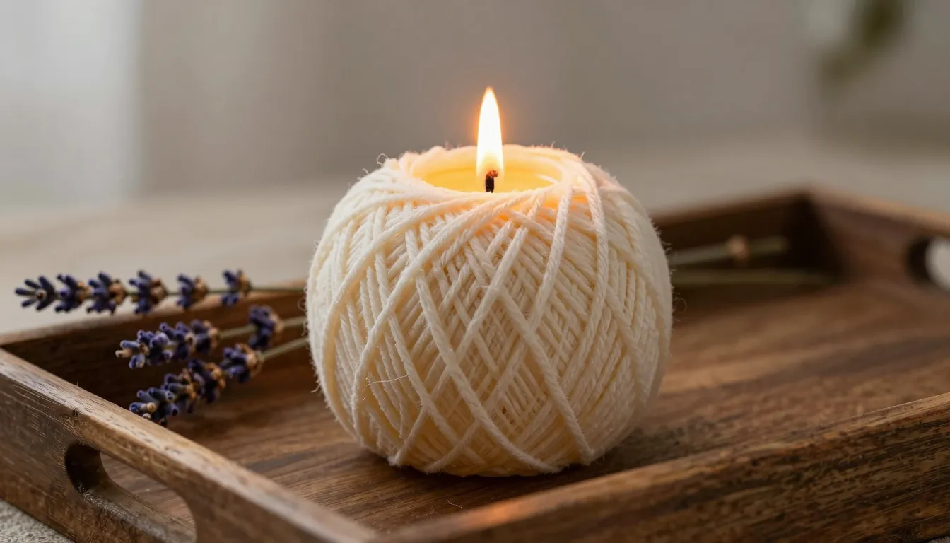 A beautiful candle in the shape of a ball of yarn, very deta...