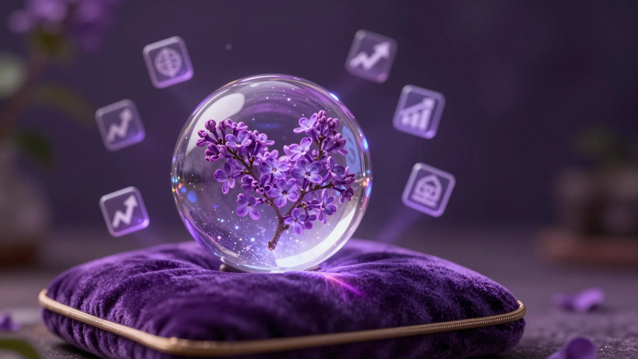 A magical crystal ball on a velvet cushion showing a glowing...