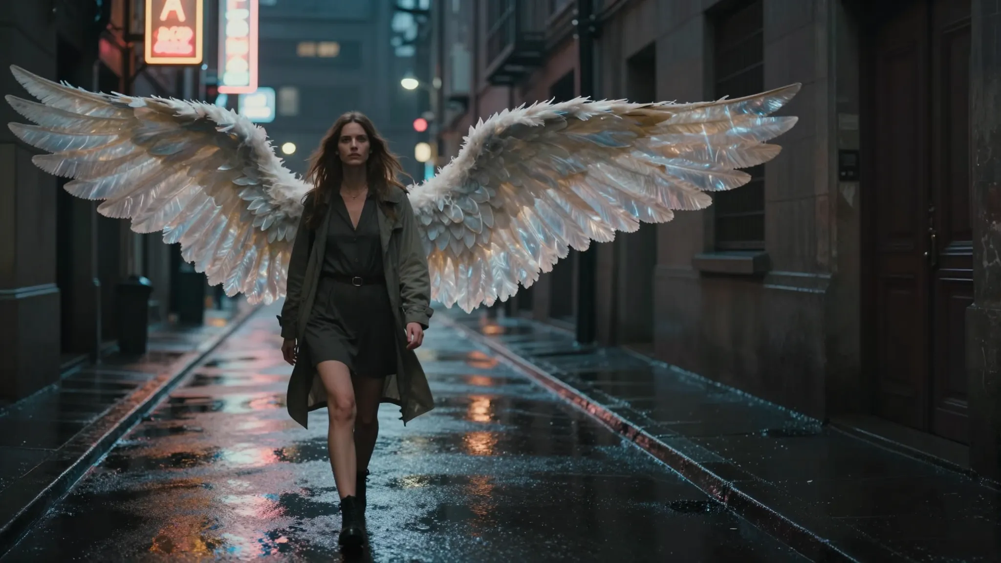 A wide cinematic shot of a woman of European appearance walk...