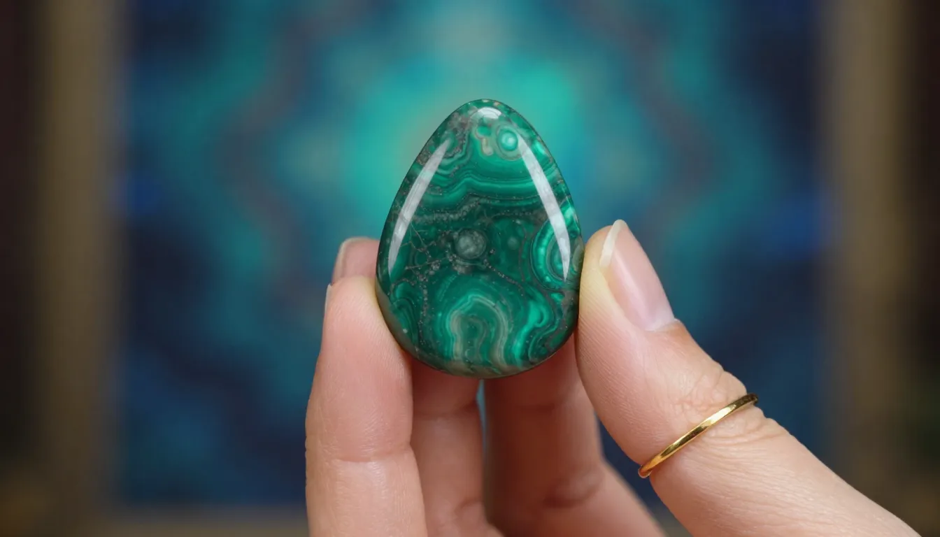 Close up of a woman's hand holding a polished green malachit...