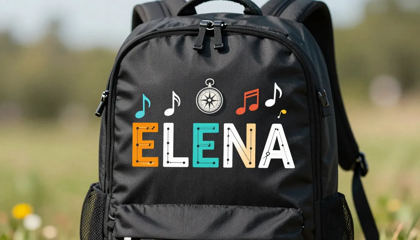 A stylish logo design for the name 'ELENA' on a travel backp...