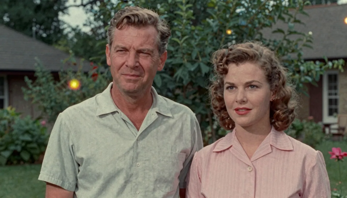 A grainy, faded 1950s film still of a husband and wife stand...