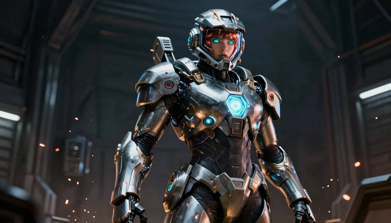 A young woman in massive, glowing power armor standing in a ...