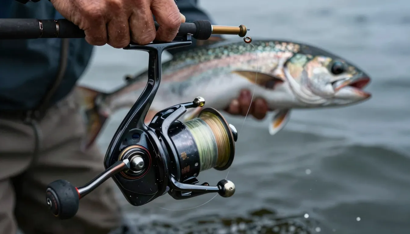 A close-up of a fishing reel spinning rapidly, with a blurre...