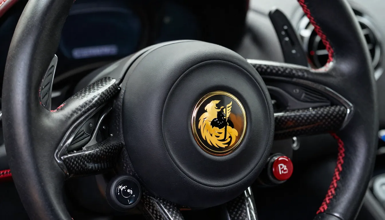 Close up of a luxury sports car steering wheel with a styliz...