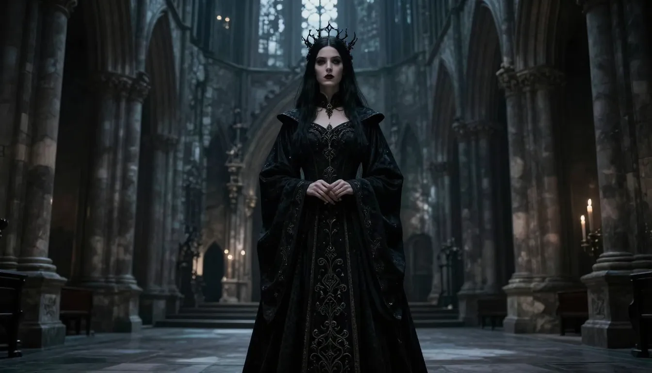 A gothic priestess in dark ornate robes standing in a ruined...