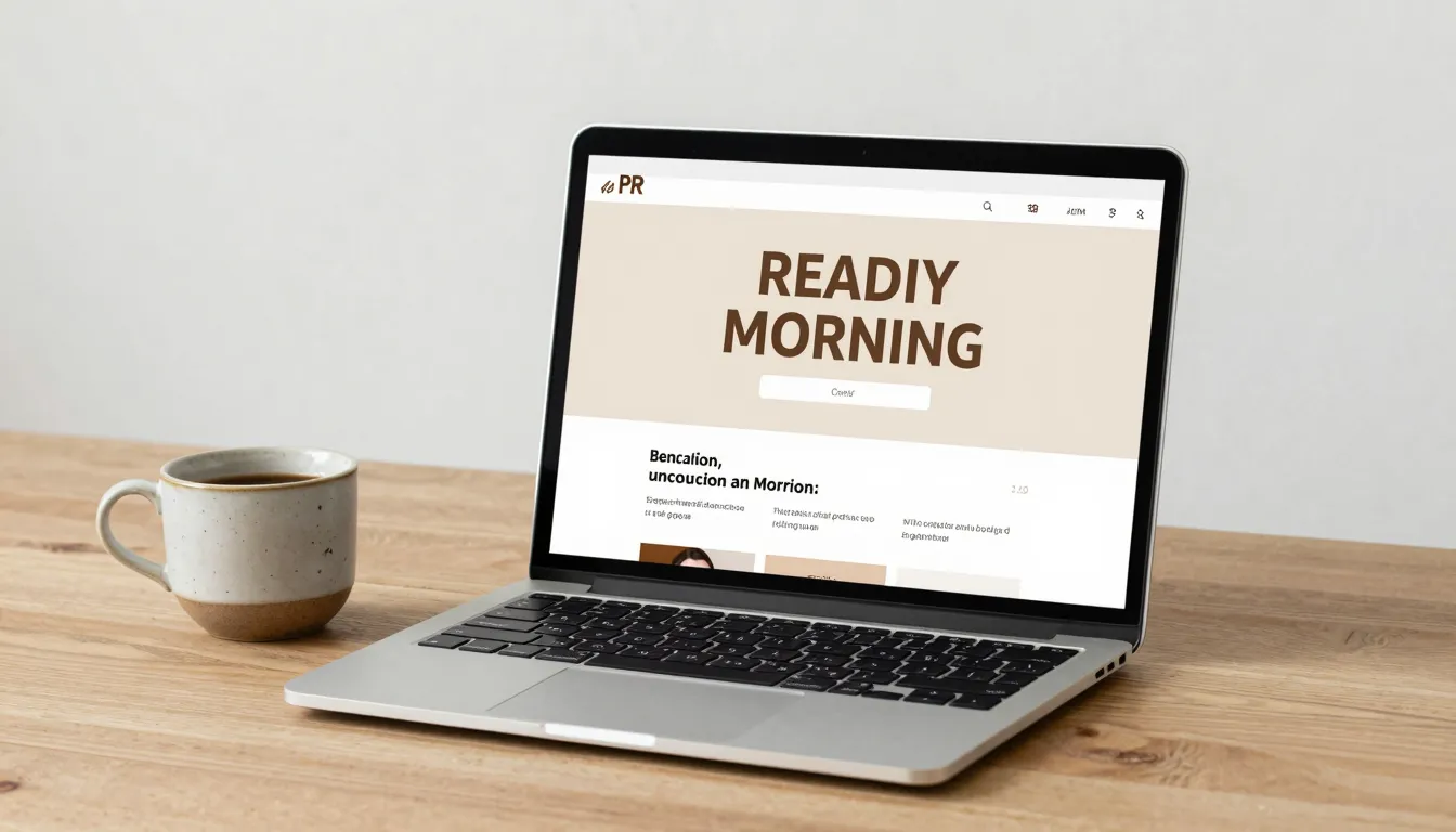 A clean, minimalist workspace with a laptop showing a readin...