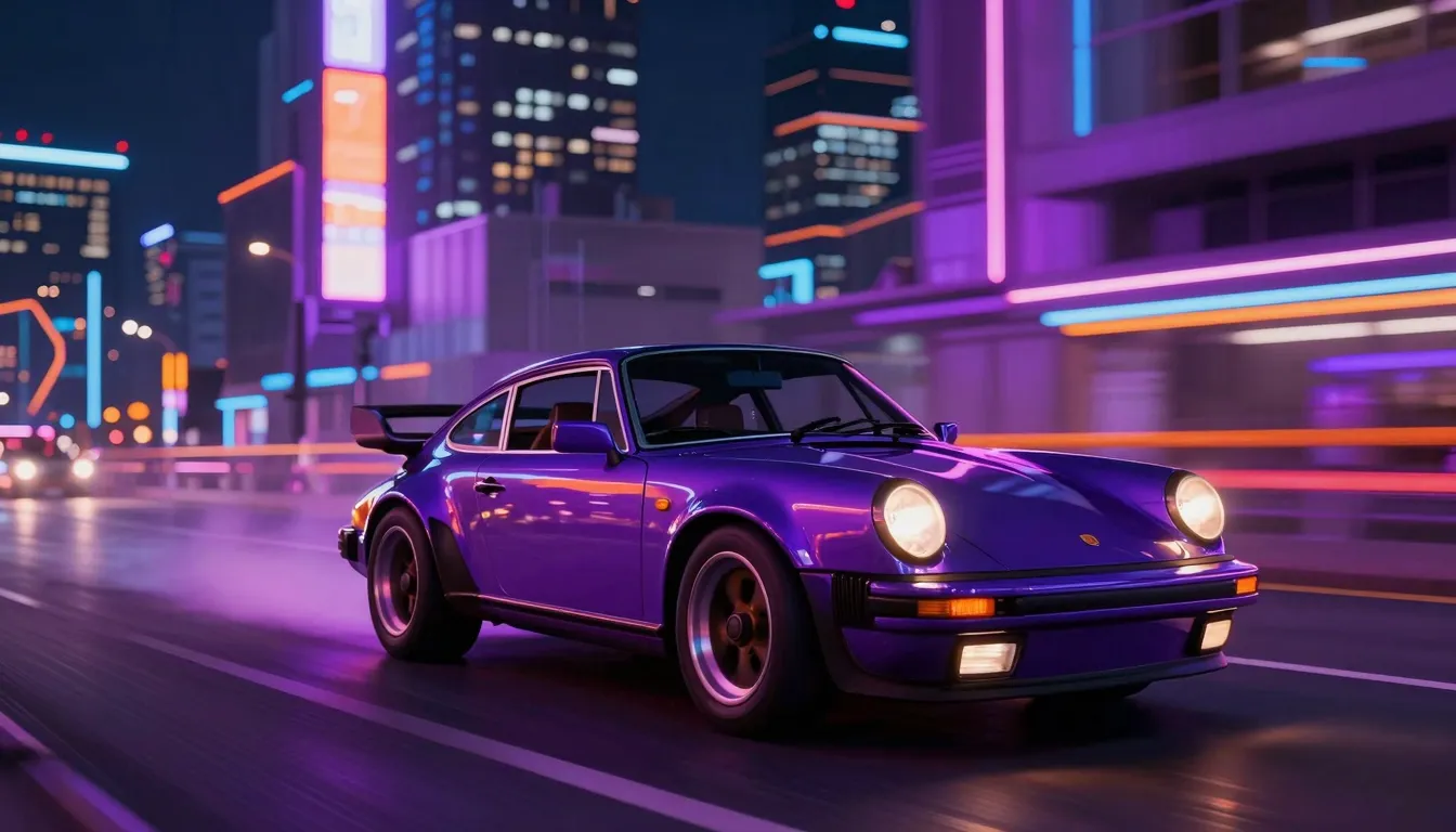 A retro sports car speeding through a neon-lit futuristic ci...