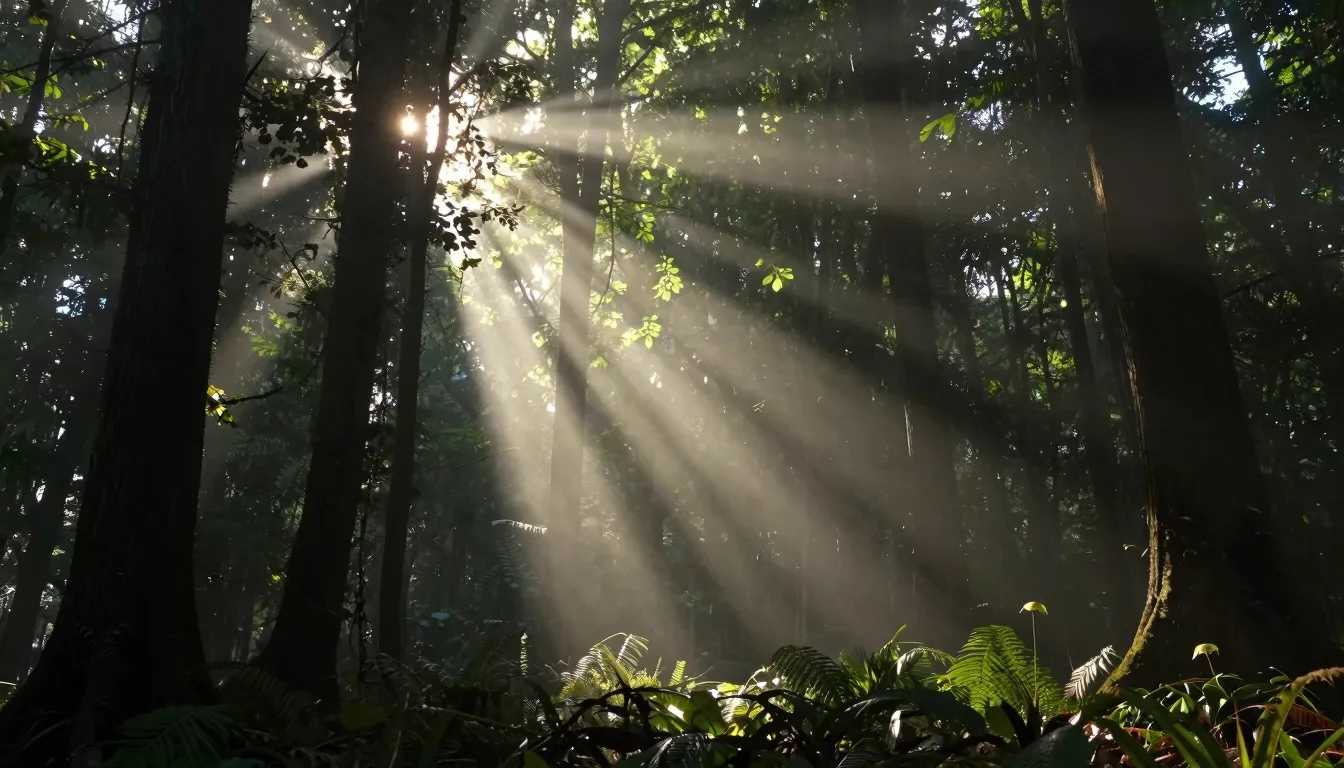 Sunlight crepuscular rays piercing through dark forest canop...