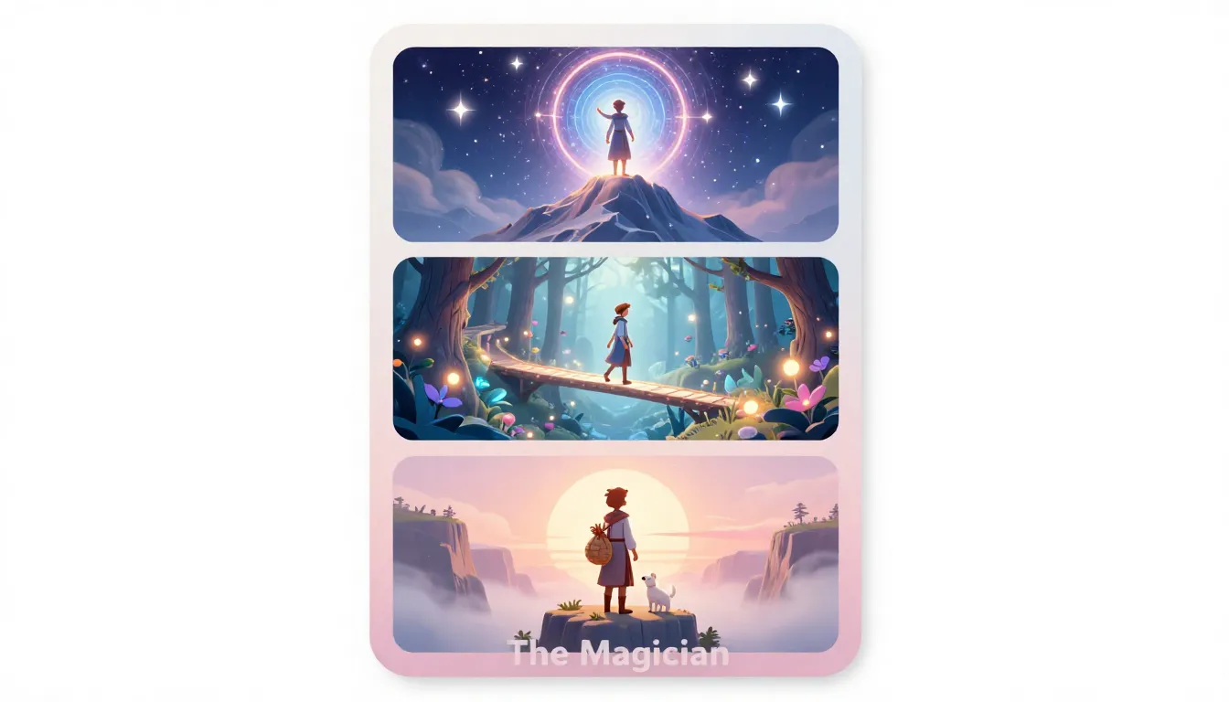 A vertical 3D fantasy Tarot card 'The Magician' with rounded...