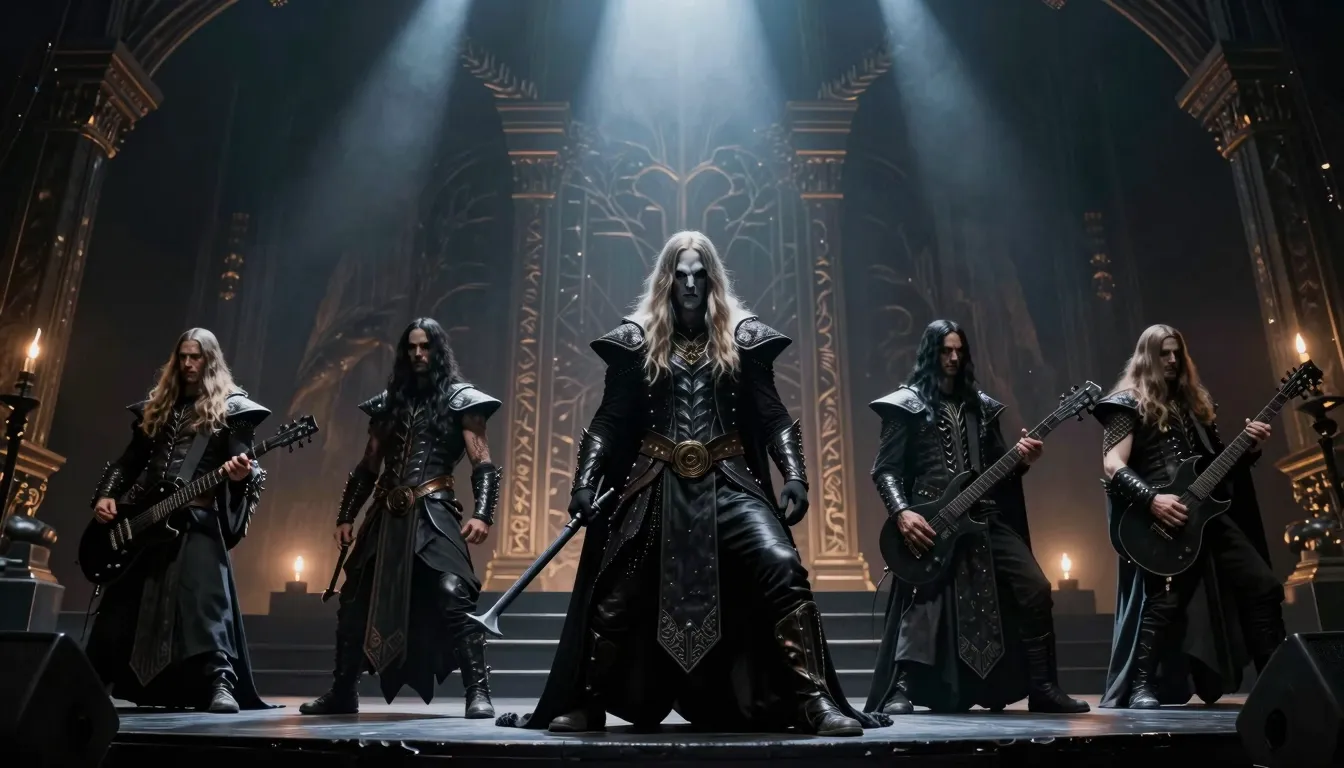 Dark cinematic heavy metal aesthetic, epic stage with dramat...