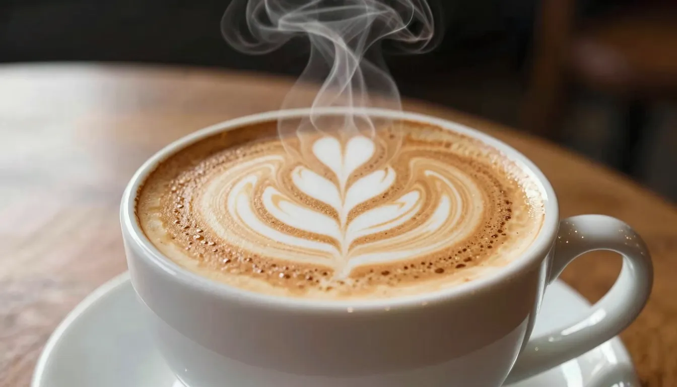 Close-up of a steaming cup of cappuccino with latte art on a...