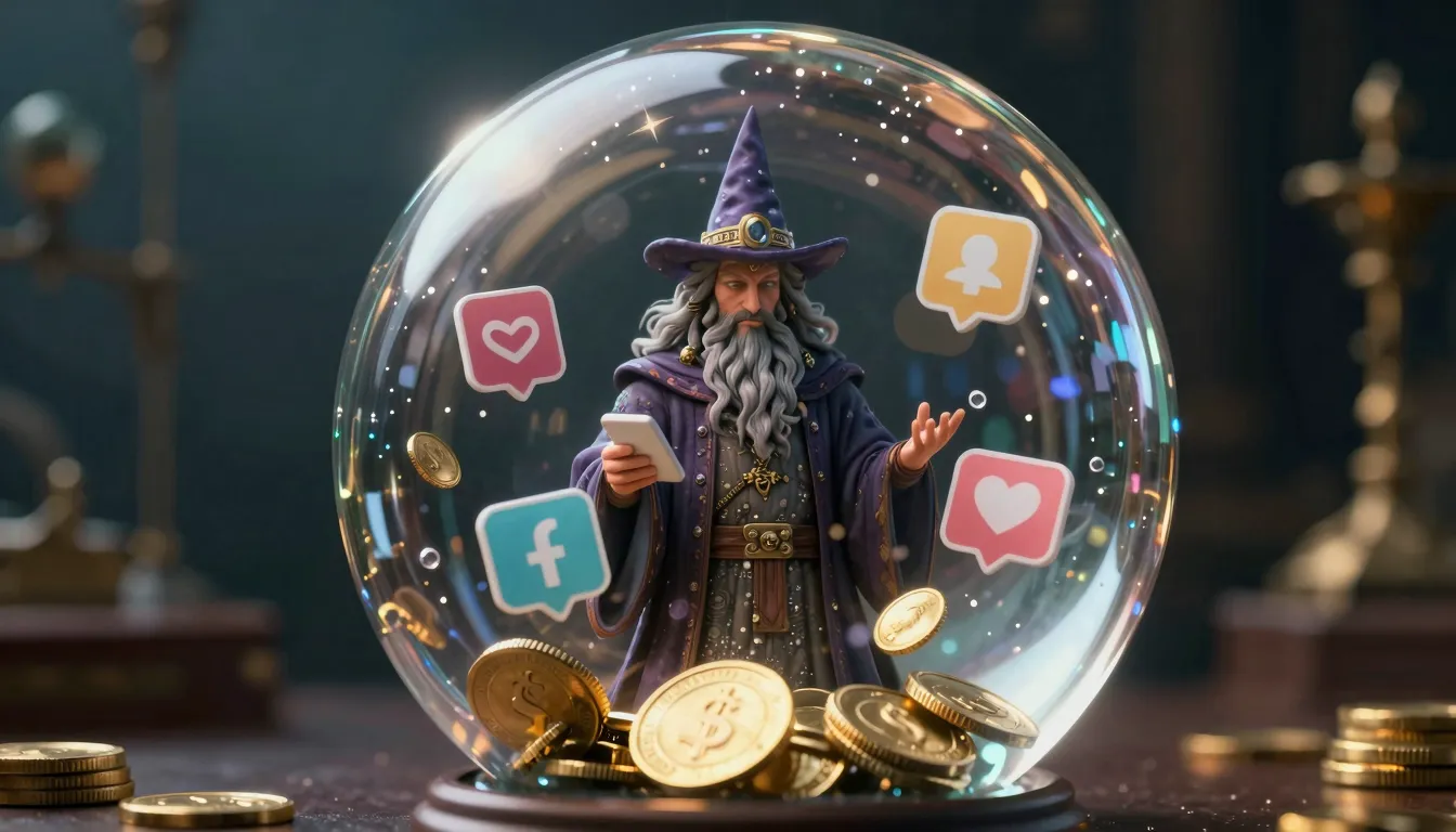 A wizard looking into a crystal ball showing social media ic...