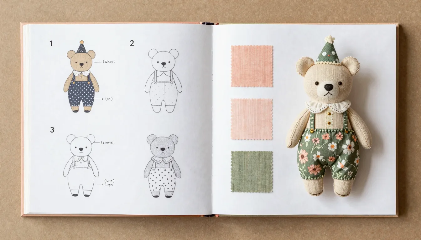 Open craft book, tutorial for a textile bear toy, step-by-st...