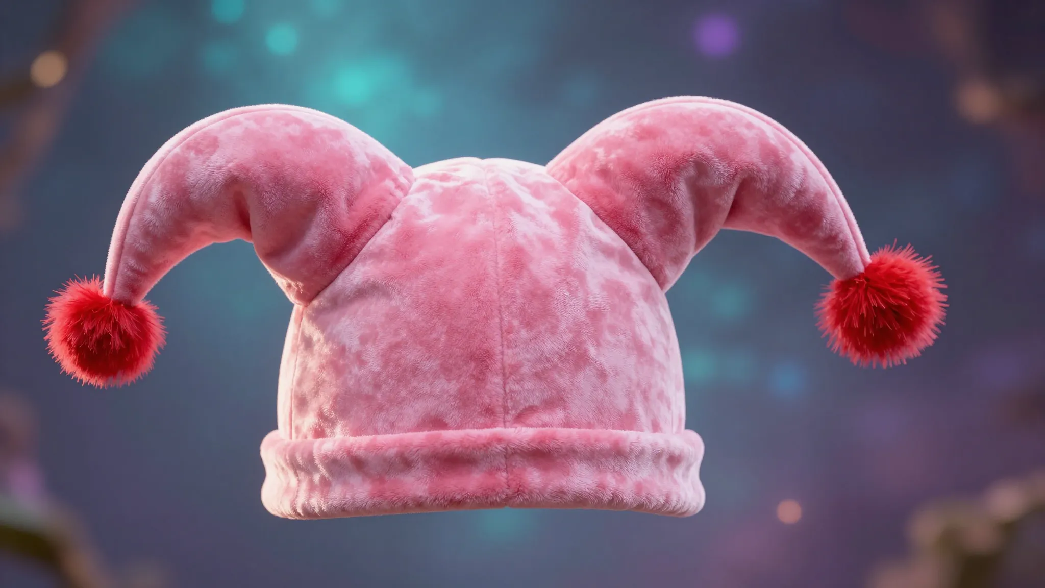 A whimsical pink jester hat with two long points ending in b...