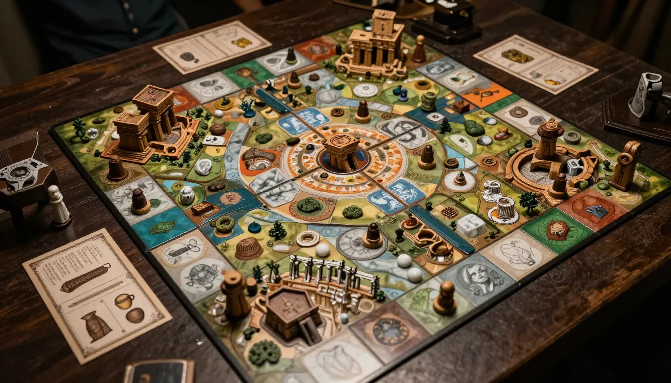 Detailed top-down view of a detective board game layout, mod...