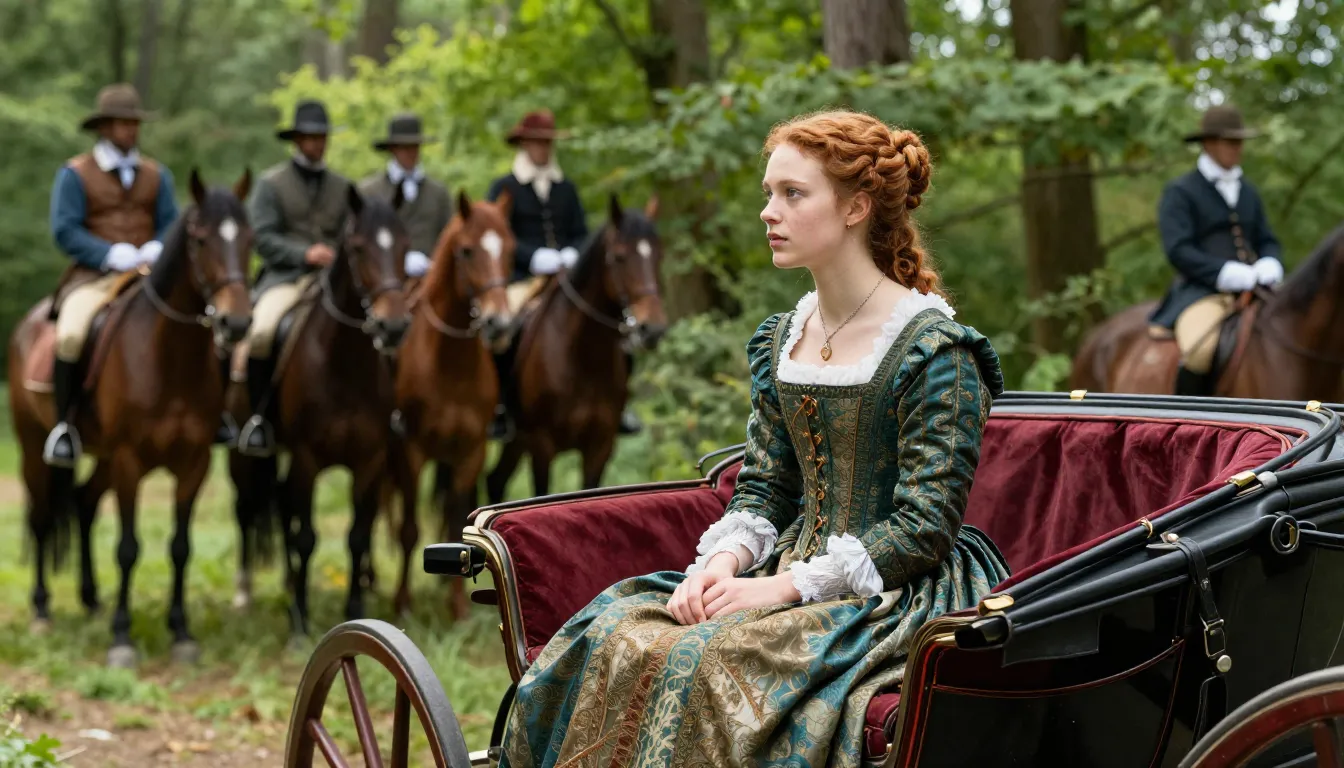 A determined young noblewoman with auburn hair in a 16th-cen...