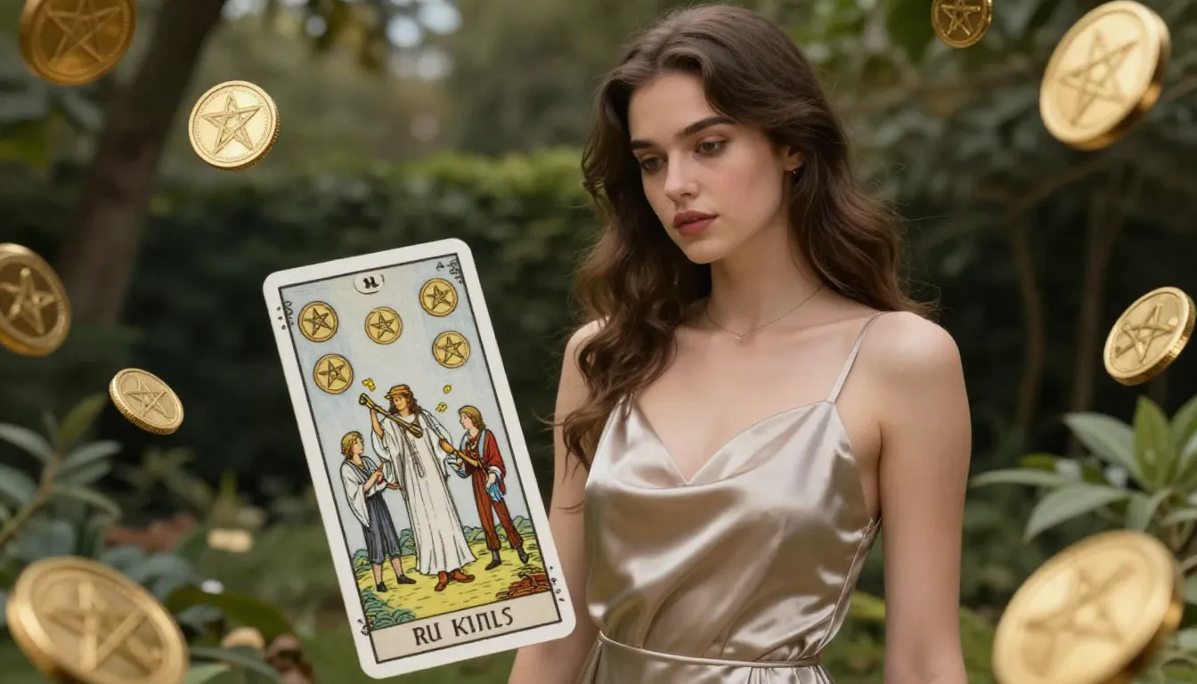 Hyper-realistic Nine of Pentacles tarot card, beautiful woma...