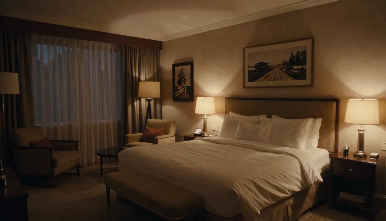 Cinematic interior of a luxury hotel room from the 90s, warm...