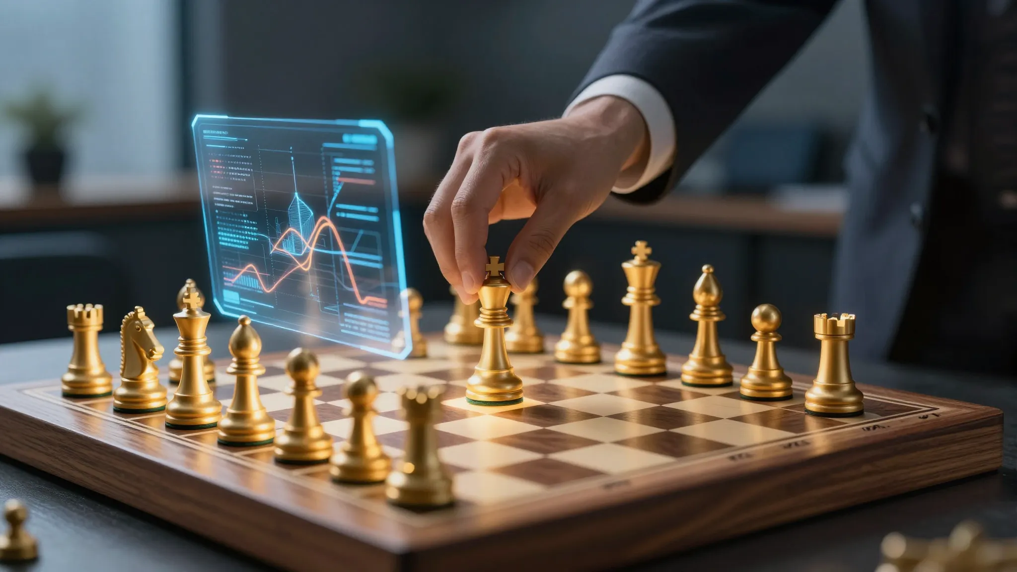 A sophisticated wooden chessboard with glowing golden pieces...