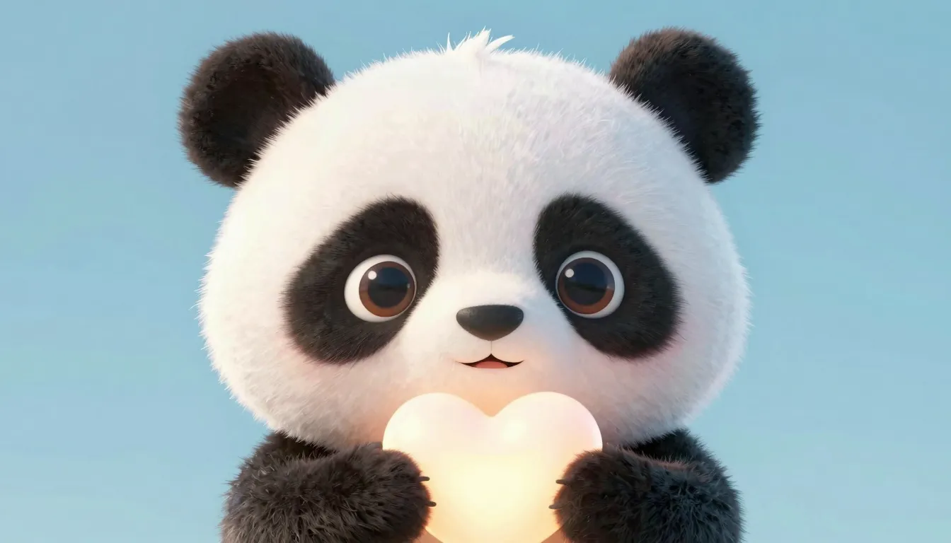 A cute 3D character of a baby panda holding a glowing heart,...