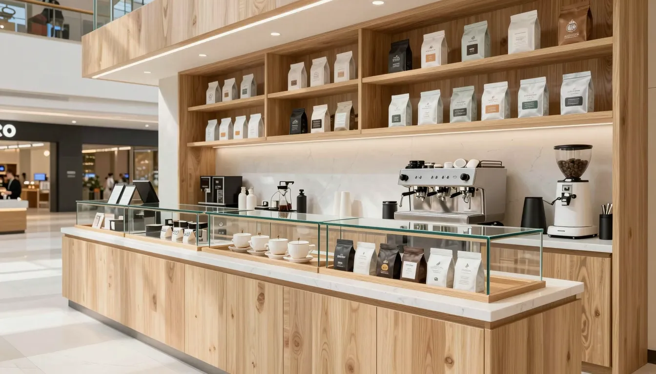 Modern coffee island in a mall, organic eco-style. Light woo...