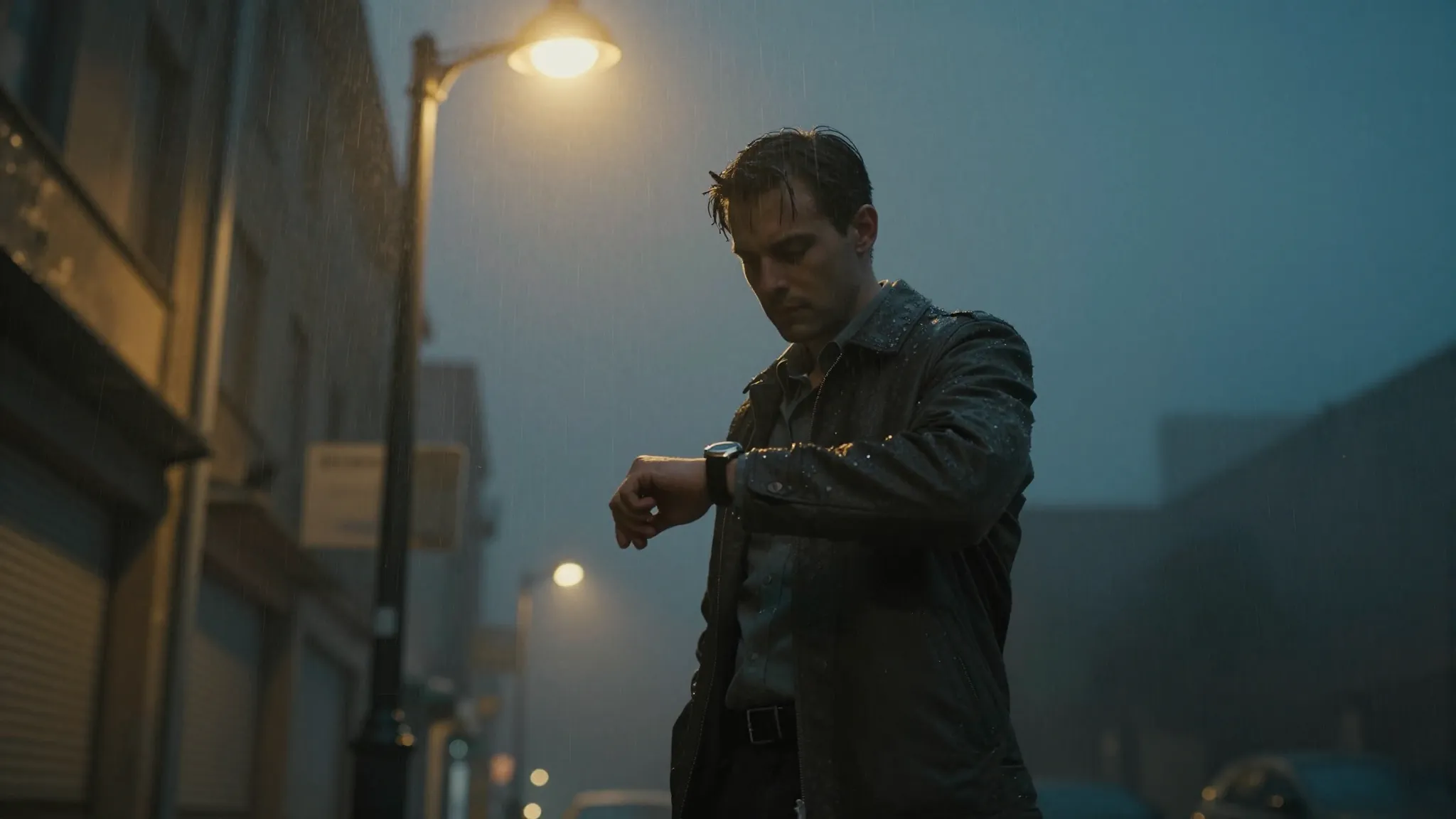 Cinematic shot of a man standing on a rainy street under a s...
