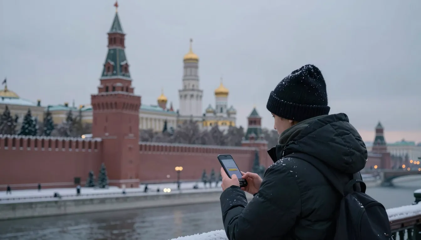 A person in Moscow looking at the Kremlin towers in the dist...