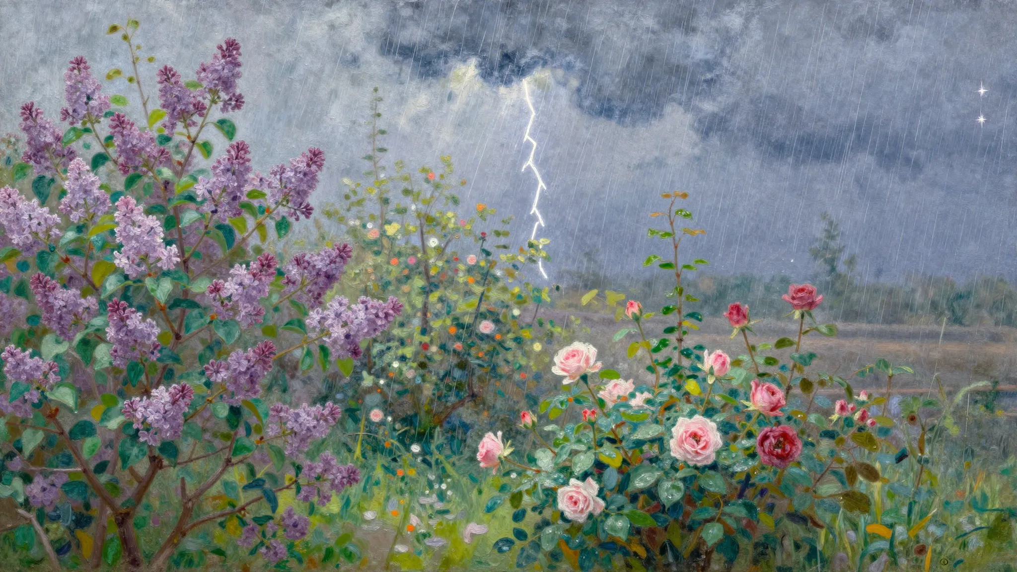 Impressionist oil painting of a spring garden during a thund...