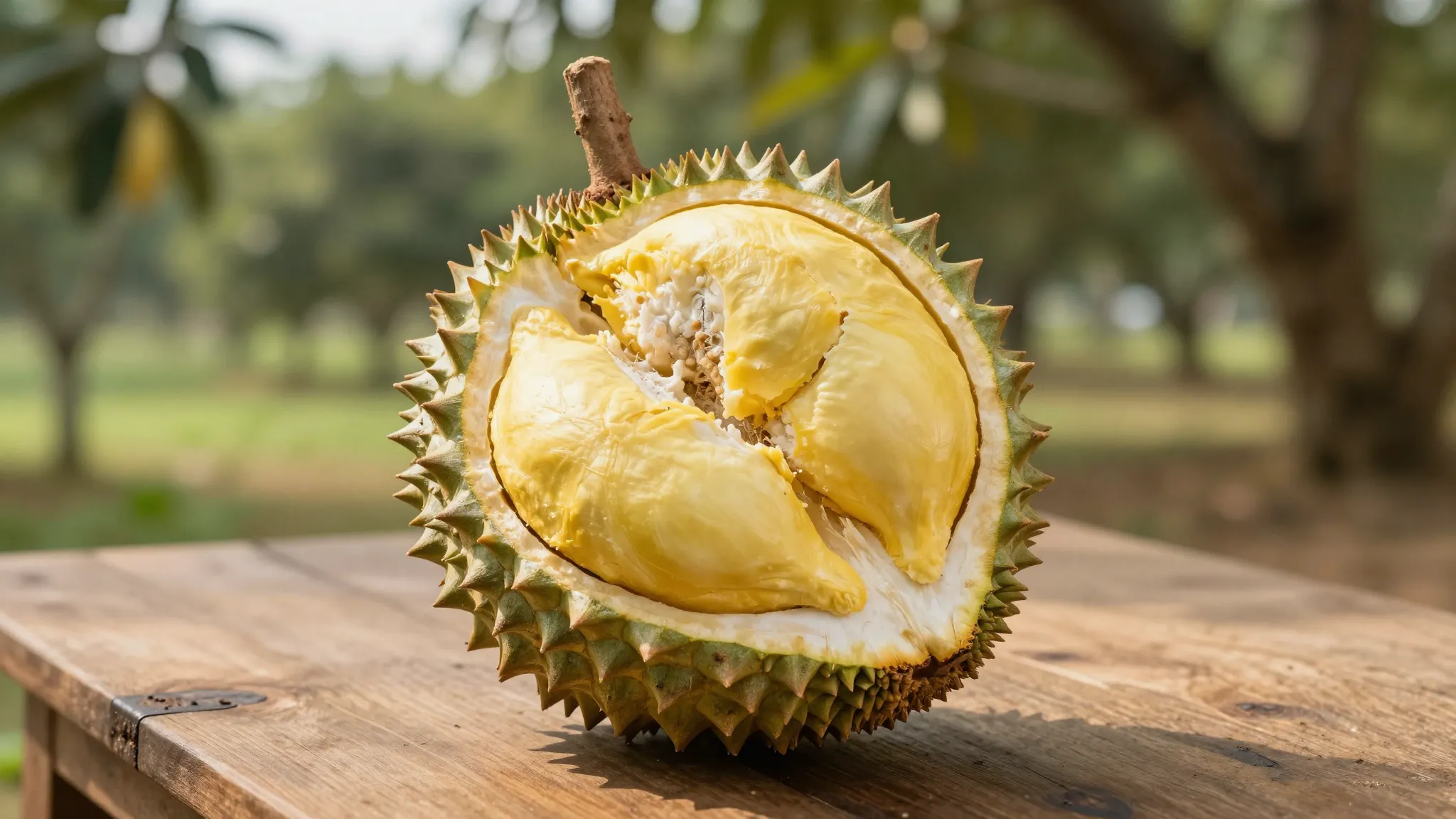 Close-up of a premium Volcano Durian fruit on a wooden table...