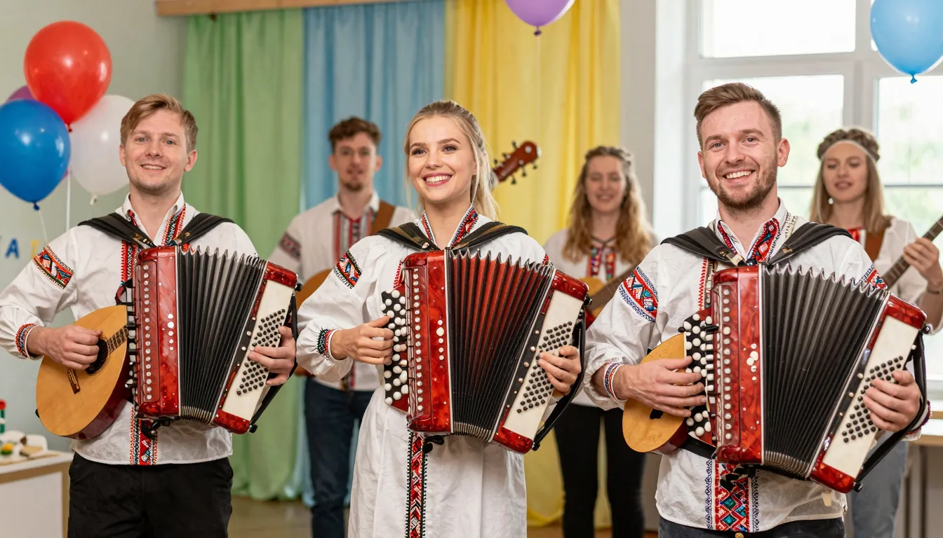 A cheerful Russian folk band with accordion and balalaika pe...