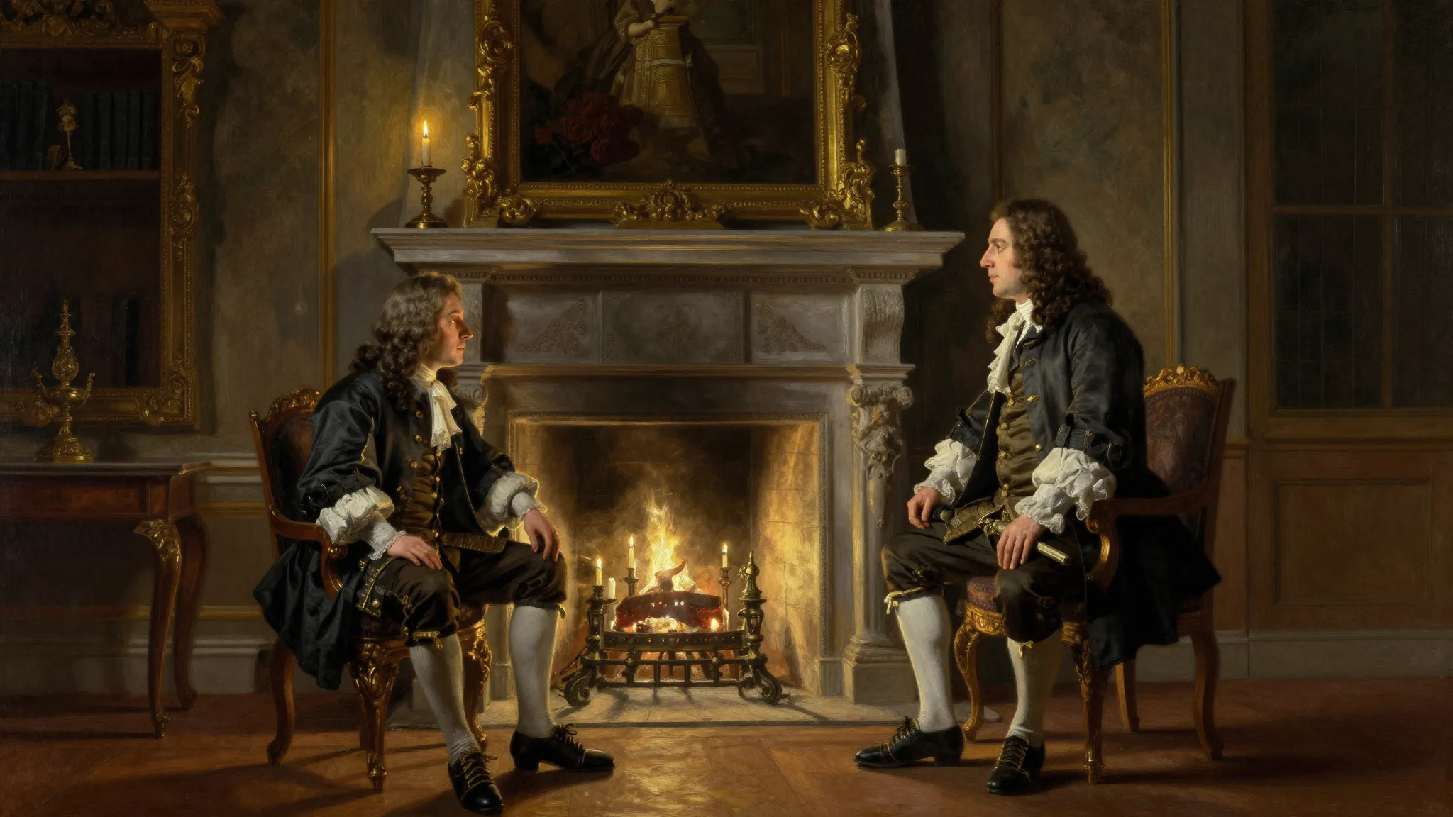 17th century French chateau interior, a father and son in no...
