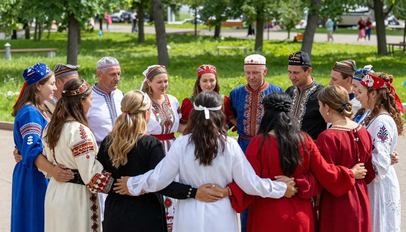 A diverse group of people in traditional Russian, Tatar, and...