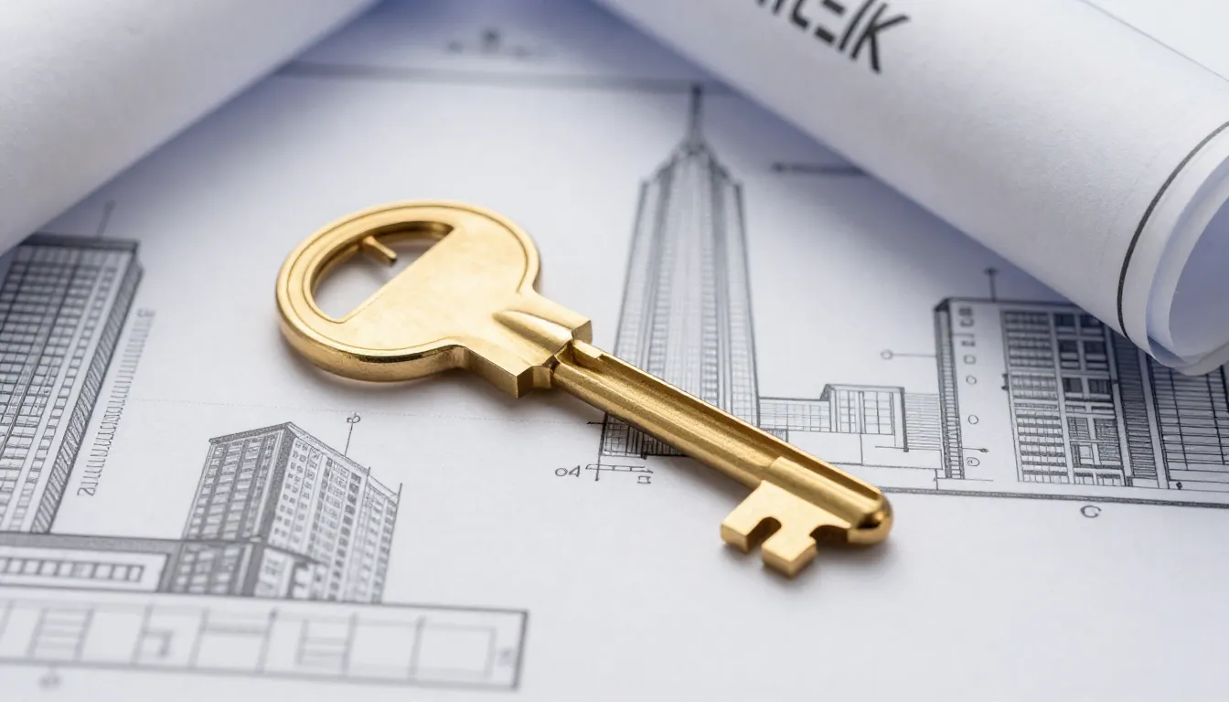 A golden key lying on a blueprint of a modern city, professi...