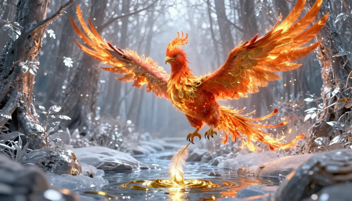 A majestic Phoenix made of living fire and golden threads fl...